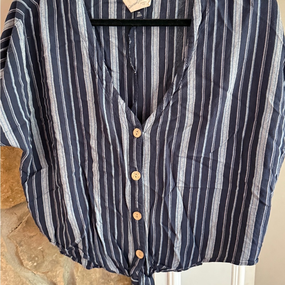 Blue Striped Cropped Button-Up Blouse